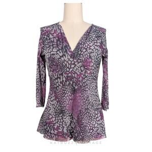 Y2K Babydoll Top XL Gray Purple Mesh Whimsigoth Long Sleeve Empire Abstract